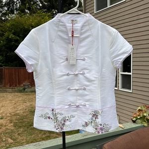 Miniye Mandarin Blouse white lilac lavender floral embroidery & sequins M-L